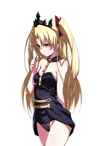 Anime picture 800x1130 with fate (series) fate/grand order toosaka rin ereshkigal (fate) kaname nagi single long hair tall image light erotic blonde hair simple background red eyes standing white background bare shoulders looking away cleavage two side up adjusting hair arm behind back