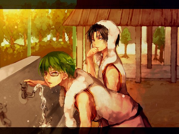 Anime picture 1024x768 with kuroko no basket production i.g midorima shintarou takao kazunari kuranose (artist) short hair open mouth black hair green eyes green hair multiple boys wet grey eyes hand to mouth drinking towel around neck boy uniform plant (plants) tree (trees)