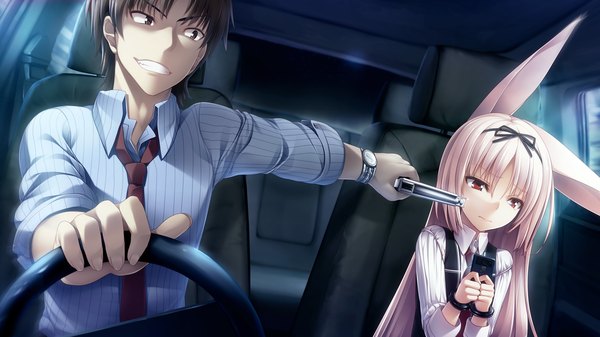 Anime picture 3734x2100 with gleam garden no shoujo luna (gleam garden no shoujo) char long hair highres short hair black hair red eyes wide image sitting brown eyes animal ears absurdres game cg white hair bunny ears car interior girl boy weapon