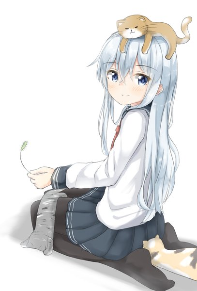 Anime picture 1900x2800 with kantai collection hibiki destroyer moyoron single long hair tall image looking at viewer blush fringe highres blue eyes simple background smile hair between eyes white background sitting holding payot silver hair ahoge