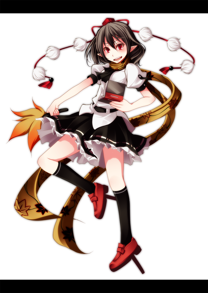 Anime picture 1067x1500 with touhou shameimaru aya s-syogo single tall image blush short hair open mouth black hair red eyes pointy ears girl dress socks shoes scarf book (books) black socks fan hauchiwa