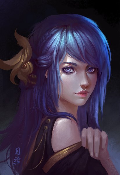 Anime picture 1000x1453 with original x.four single long hair tall image looking at viewer blue eyes bare shoulders blue hair lips realistic hieroglyph portrait dark background girl hair ornament