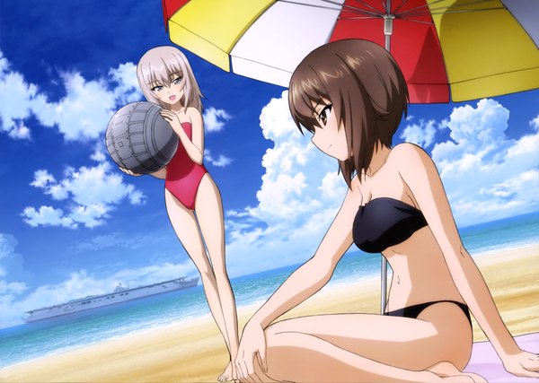 Anime picture 4057x2893 with girls und panzer nishizumi maho itsumi erika highres short hair brown hair multiple girls brown eyes absurdres sky cloud (clouds) grey hair scan official art beach girl 2 girls swimsuit bikini black bikini