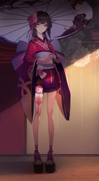 Anime picture 2000x3656 with onmyoji kagura (onmyoji) bean sprouts single long hair tall image looking at viewer fringe highres brown hair standing holding full body indoors traditional clothes japanese clothes pink eyes wide sleeves bare legs shadow