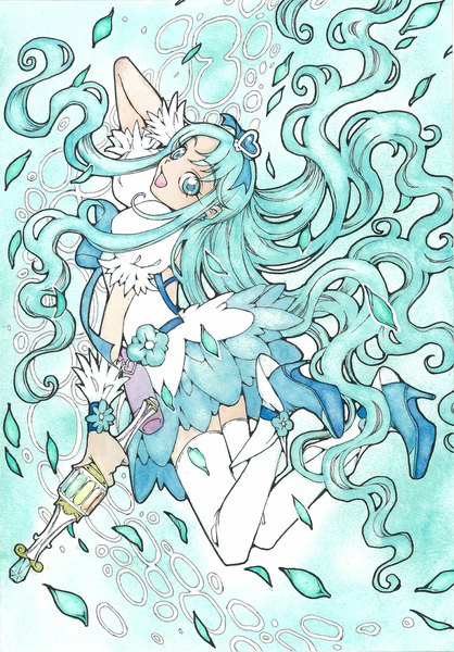Anime picture 773x1108 with precure heartcatch precure! toei animation kurumi erika cure marine sayococco single tall image looking at viewer open mouth very long hair aqua eyes aqua hair puffy sleeves wavy hair arm behind head jumping magical girl traditional media girl