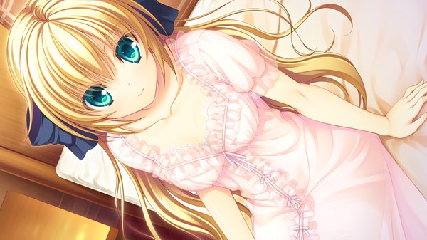 Anime picture 1280x720 with re:birth colony serruria celestite asami asami long hair blonde hair wide image green eyes game cg cleavage girl bed