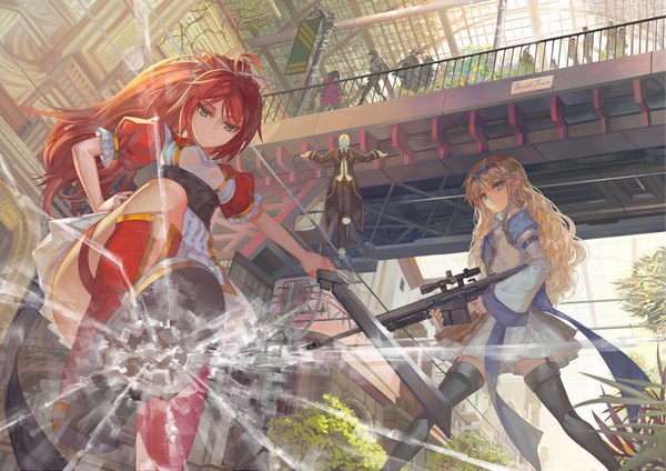 Anime picture 1800x1273 with original paku (artist) long hair looking at viewer highres blue eyes light erotic blonde hair multiple girls holding looking away red hair pointy ears from below short sleeves puffy sleeves hand on hip girl thighhighs weapon