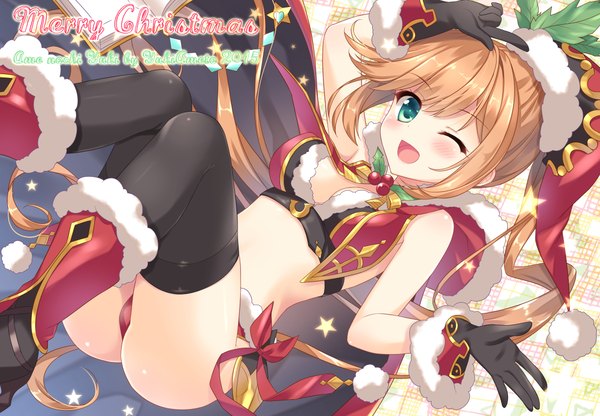 Anime picture 1114x774 with granblue fantasy clarisse (granblue fantasy) ameto yuki single long hair looking at viewer blush fringe breasts open mouth light erotic smile brown hair green eyes signed payot cleavage ass ponytail lying