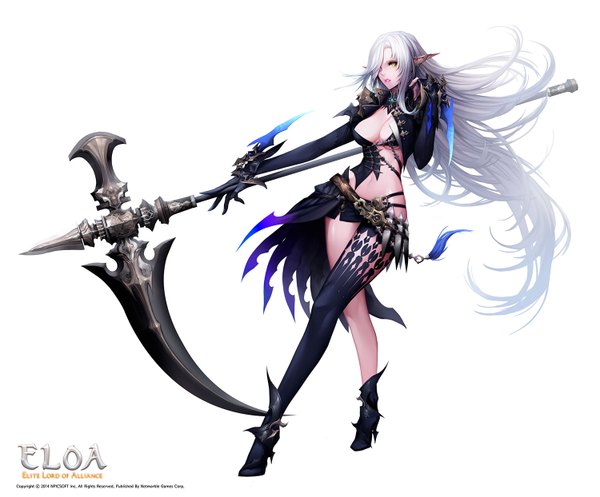 Anime picture 1500x1244 with eloa elite lord of alliance naru (eloa) danhu single fringe breasts light erotic simple background large breasts white background holding yellow eyes looking away white hair very long hair hair over one eye open clothes midriff girl