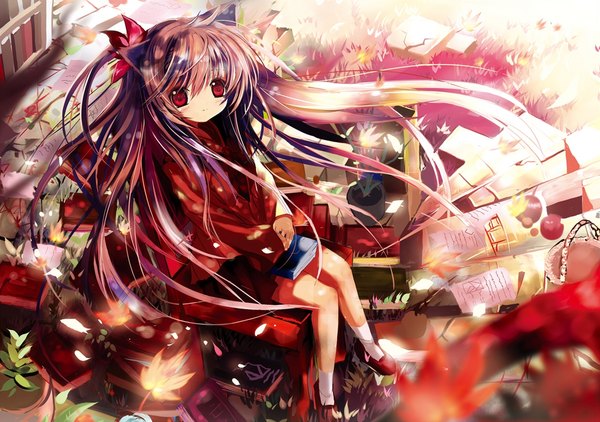 Anime picture 1150x810 with original shino (eefy) single long hair red eyes brown hair loli girl bow hair bow book (books) leaf (leaves) paper apple