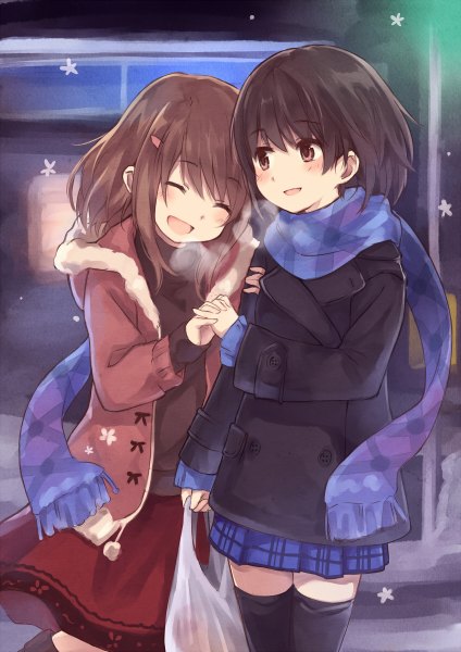 Anime picture 848x1200 with original kyuri long hair tall image blush short hair open mouth black hair smile brown hair standing multiple girls brown eyes outdoors eyes closed open clothes open jacket couple holding hands snowing