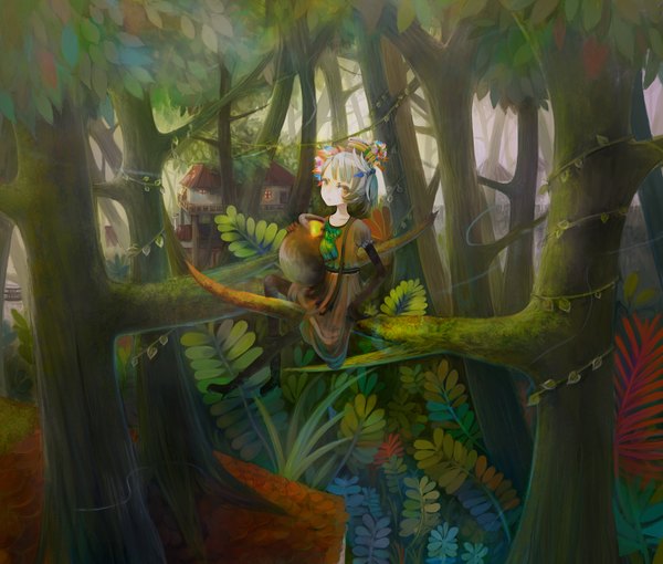 Anime picture 1534x1304 with original jasmine (pixiv) single short hair brown eyes hair flower grey hair nature girl dress hair ornament plant (plants) hat tree (trees) boots leaf (leaves) forest house