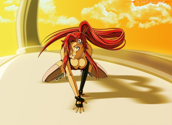 Anime picture 2753x2000 with tengen toppa gurren lagann gainax yoko littner drake666 single long hair fringe highres breasts light erotic smile yellow eyes sky cloud (clouds) ponytail red hair hair over one eye coloring girl thighhighs