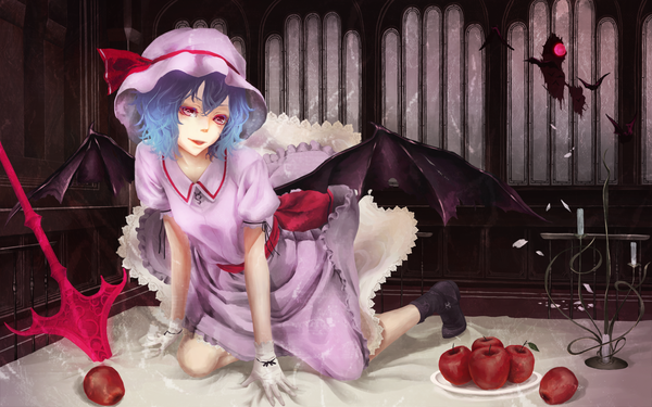 Anime picture 1900x1190 with touhou remilia scarlet akaikitsune single highres short hair red eyes wide image blue hair girl dress gloves weapon wings frills bonnet apple spear bat spear the gungnir