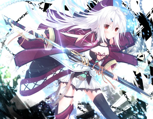Anime picture 1390x1079 with original nagishiro mito single long hair looking at viewer blush red eyes white hair girl thighhighs dress weapon sword chain single thighhigh
