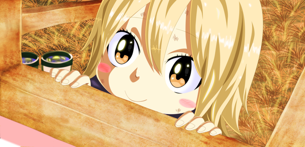Anime picture 1600x773 with fairy tail mavis vermillion joezart63 single blush short hair blonde hair smile wide image yellow eyes loli coloring close-up girl hay