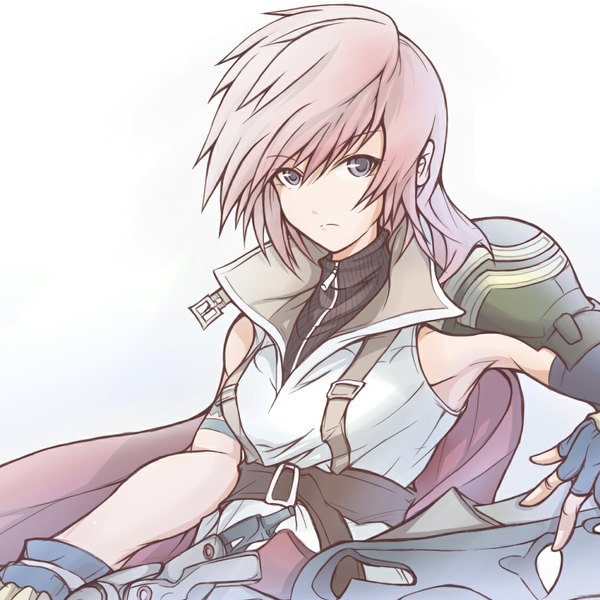 Anime picture 1000x1000 with final fantasy final fantasy xiii square enix lightning farron kanten (kanten328) single looking at viewer short hair blue eyes simple background white background pink hair tattoo girl gloves fingerless gloves cape