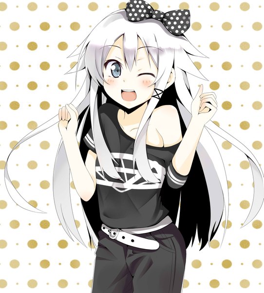 Anime picture 1893x2092 with original tazaki hayato single long hair tall image looking at viewer blush highres blue eyes bare shoulders white hair one eye closed wink polka dot polka dot background girl bow hair bow