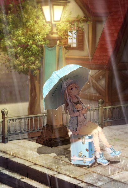 Anime picture 1981x2888 with fate (series) fate/stay night mabinogi artoria pendragon (all) saber goyain single long hair tall image highres blonde hair sitting purple eyes full body outdoors sunlight looking up rain girl plant (plants)