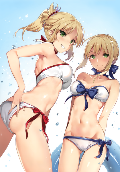 Anime picture 2091x2997 with fate (series) fate/grand order artoria pendragon (all) saber mordred (fate) yuran (cozyquilt) tall image looking at viewer blush fringe highres short hair breasts light erotic simple background blonde hair smile hair between eyes multiple girls green eyes