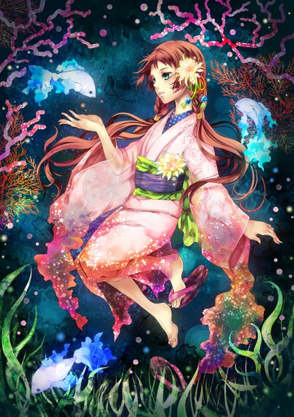 Anime picture 1753x2480 with original nashi (pixiv677235) single long hair tall image highres blue eyes absurdres red hair japanese clothes barefoot hair flower underwater girl hair ornament water belt kimono fish (fishes)