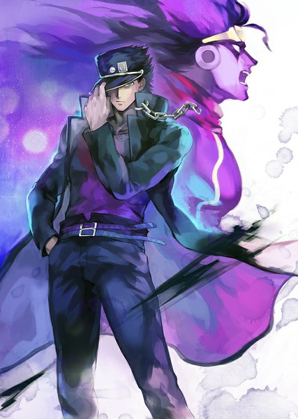 Anime picture 605x850 with jojo no kimyou na bouken kujo jotaro star platinum oburaato long hair tall image looking at viewer short hair open mouth black hair simple background white background green eyes purple hair ahoge profile multiple boys hand in pocket adjusting hat purple skin