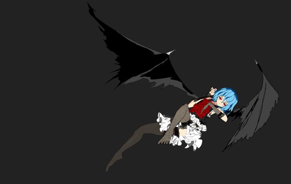 Anime picture 1650x1050 with touhou remilia scarlet syka single fringe short hair simple background hair between eyes red eyes blue hair full body no shoes black background bat wings girl thighhighs skirt gloves wings elbow gloves