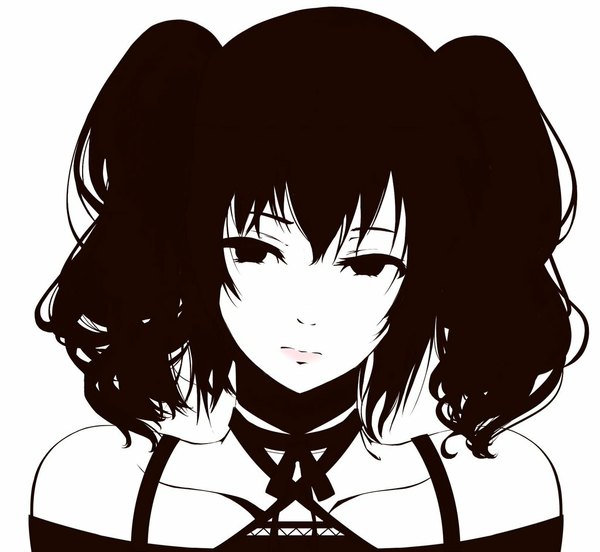 Anime picture 1024x943 with original rur (ml ruru) single long hair fringe simple background white background twintails looking away head tilt lips monochrome portrait girl