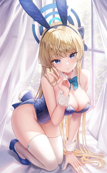Anime picture 3000x4864 with blue archive toki (blue archive) toki (bunny) (blue archive) ppudang single long hair tall image looking at viewer blush fringe highres breasts blue eyes light erotic blonde hair large breasts bare shoulders animal ears cleavage tail