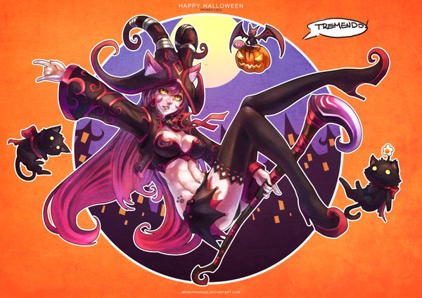 Anime picture 3508x2480 with league of legends lulu (league of legends) monori rogue single long hair highres breasts animal ears yellow eyes absurdres multicolored hair lips gradient hair halloween girl thighhighs skirt black thighhighs hat miniskirt