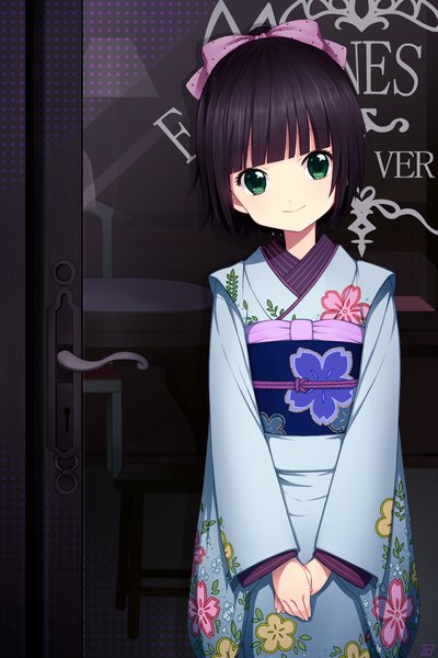 Anime picture 1000x1500 with ikoku meiro no croisee satelight yune (ikoku meiro no croisee) chimachi single tall image short hair black hair smile green eyes japanese clothes girl kimono door