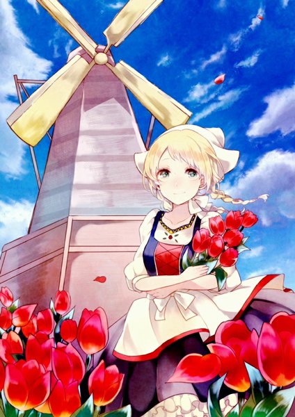 Anime picture 679x960 with original biskekun single long hair tall image blue eyes blonde hair smile sky cloud (clouds) braid (braids) traditional clothes wind twin braids girl flower (flowers) petals headdress tulip windmill