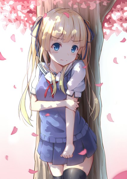 Anime picture 636x900 with saenai heroine no sodatekata a-1 pictures sawamura spencer eriri li yang single long hair tall image blush fringe blue eyes blonde hair standing twintails pleated skirt sunlight shadow zettai ryouiki cherry blossoms wavy mouth girl