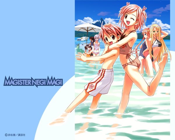 Anime picture 1280x1024 with mahou sensei negima! kagurazaka asuna negi springfield sasaki makie yukihiro ayaka izumi ako multiple girls 6+ girls 6 girls girl boy swimsuit sea tagme