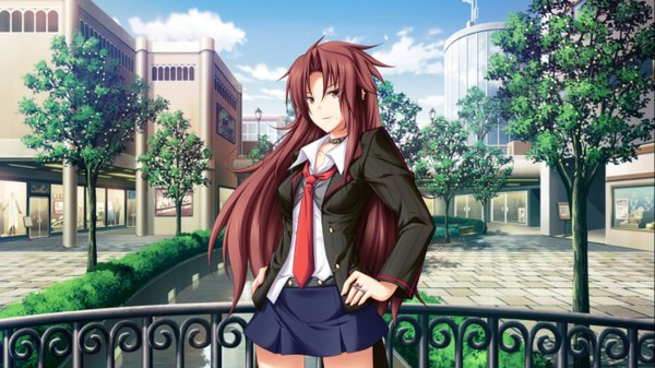Anime picture 1366x768 with soukoku no arterial single long hair blush brown hair wide image brown eyes game cg hands on hips girl skirt uniform plant (plants) school uniform tree (trees) necktie