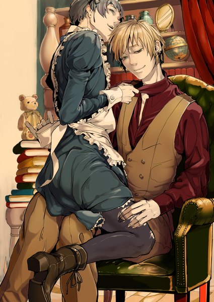 Anime picture 2507x3540 with axis powers hetalia studio deen united kingdom (hetalia) japan (hetalia) tall image highres short hair black hair blonde hair smile sitting maid shounen ai dress boy earrings shirt pantyhose boots book (books)