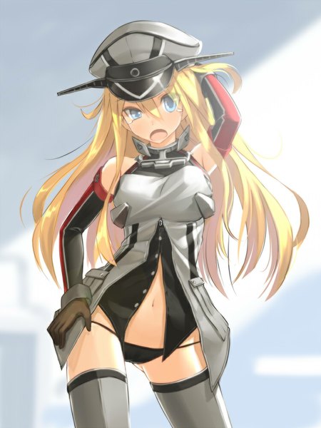 Anime picture 750x1000 with kantai collection bismarck battleship patricia (stylish marunage) single long hair tall image looking at viewer blush blue eyes light erotic blonde hair hand on hip hand on head lowleg posing girl thighhighs gloves navel uniform