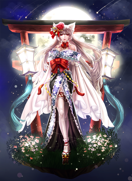 Anime picture 1200x1642 with original bbbox (hotpppink) single long hair tall image looking at viewer fringe red eyes standing bare shoulders animal ears hair flower lips grey hair lipstick red lipstick girl thighhighs hair ornament flower (flowers)