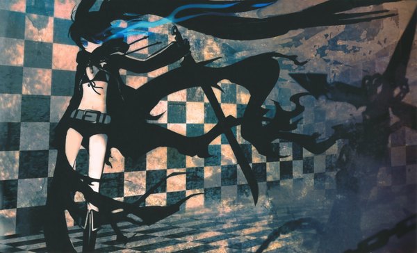 Anime picture 3505x2129 with black rock shooter black rock shooter (character) huke highres blue eyes black hair wide image twintails absurdres glowing glowing eye (eyes) checkered floor checkered background girl sword boots bikini top