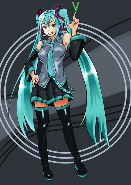 Anime picture 2480x3507 with vocaloid hatsune miku tagme (artist) single tall image highres smile twintails very long hair aqua eyes aqua hair grey background girl skirt detached sleeves necktie thigh boots