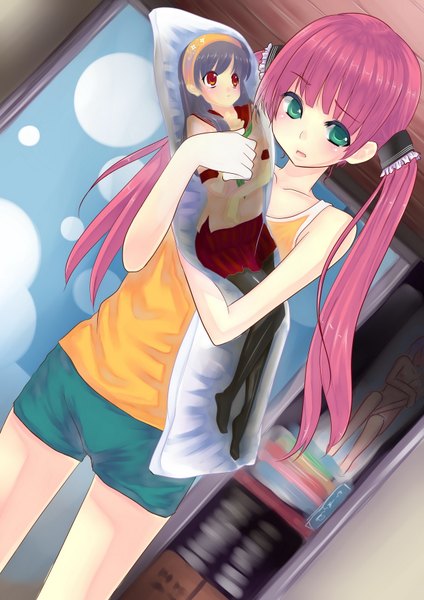 Anime picture 1240x1754 with original abondz single long hair tall image twintails green eyes pink hair hug girl pillow dakimakura (object)