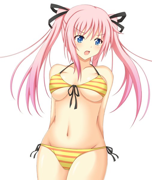 Anime picture 900x1065 with original minatsuki nao single long hair tall image blush breasts open mouth blue eyes light erotic simple background white background twintails pink hair midriff girl navel ribbon (ribbons) swimsuit hair ribbon