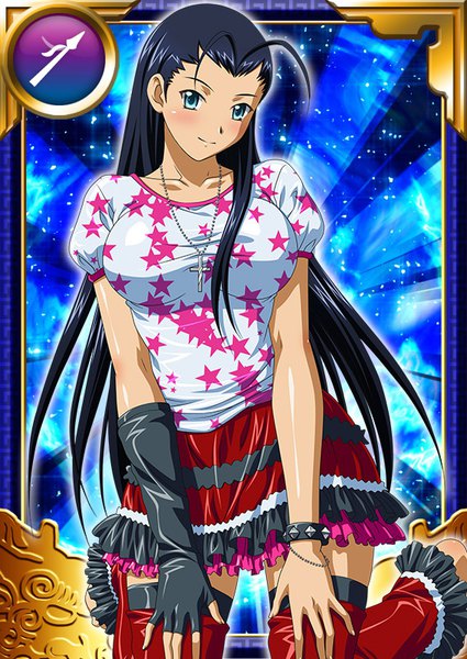 Anime picture 567x800 with ikkitousen kakouen myousai single long hair tall image looking at viewer blush breasts blue eyes black hair large breasts ahoge sparkle card (medium) frilly skirt star print girl gloves black gloves frills
