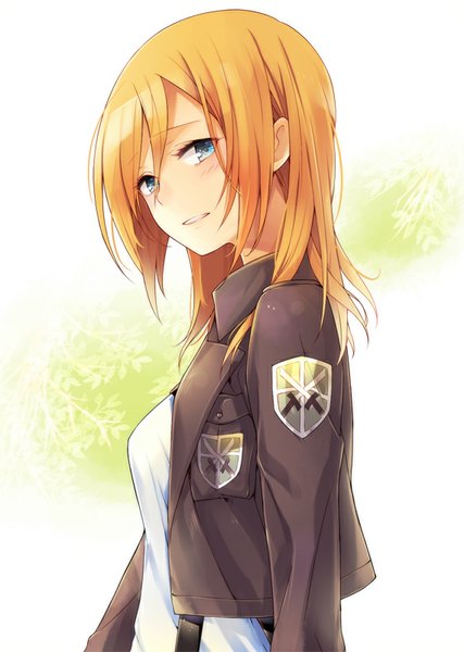 Anime picture 570x800 with shingeki no kyojin production i.g krista lenz ocha_(hutuumikan) single long hair tall image looking at viewer blush fringe breasts blue eyes blonde hair standing profile military girl uniform military uniform coat of arms