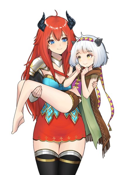 Anime picture 2480x3508 with original cecilia (acerailgun) jubi (regiana) long hair tall image highres short hair blue eyes simple background smile white background multiple girls yellow eyes ahoge white hair red hair barefoot horn (horns) eye contact carrying