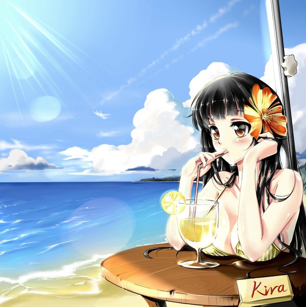 Anime picture 2951x2969 with original yunsang single long hair tall image blush highres light erotic black hair bare shoulders brown eyes looking away cleavage cloud (clouds) hair flower beach drinking girl hair ornament flower (flowers)