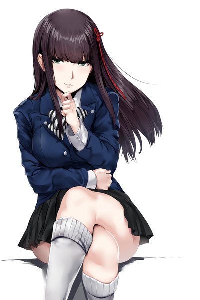 Anime picture 5000x7500 with persona 5 persona tougou hifumi hews single long hair tall image looking at viewer fringe highres light erotic black hair simple background white background sitting green eyes absurdres blunt bangs wind crossed legs