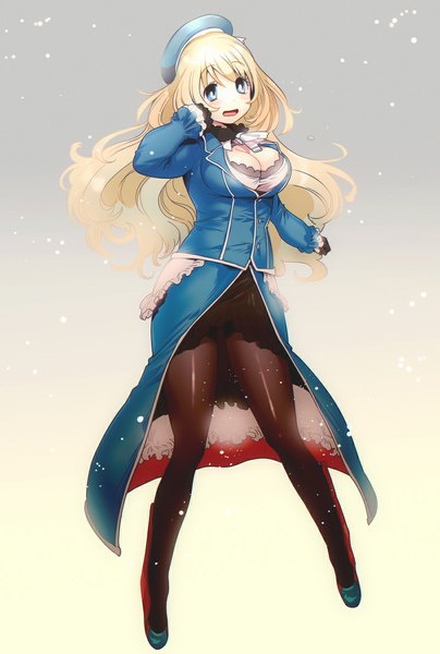 Anime picture 800x1187 with kantai collection atago heavy cruiser yanyo (ogino atsuki) single long hair tall image looking at viewer breasts open mouth blue eyes blonde hair large breasts cleavage weightlessness girl skirt gloves pantyhose beret