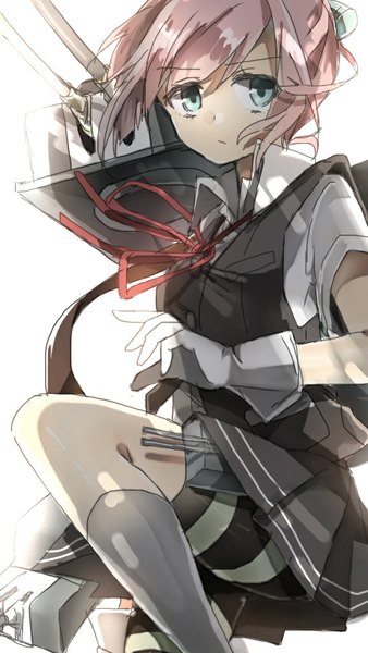 Anime picture 640x1136 with kantai collection shiranui destroyer chibirisu single tall image looking at viewer fringe short hair simple background white background pink hair aqua eyes wind girl gloves uniform school uniform socks shorts white gloves