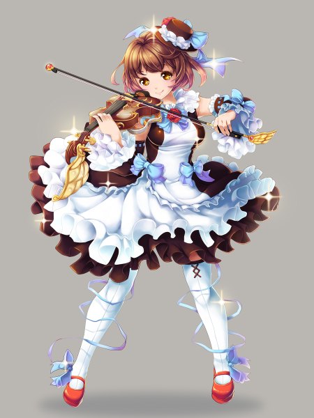 Anime picture 900x1200 with original koflif single tall image short hair simple background brown hair brown eyes grey background girl thighhighs dress hat detached sleeves white thighhighs frills musical instrument mini hat mini top hat violin